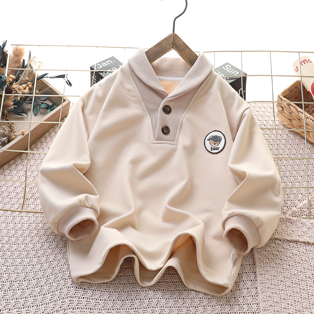 春秋款男女童时尚洋气韩版小童翻领套头长袖休闲打底小熊刺绣卫衣