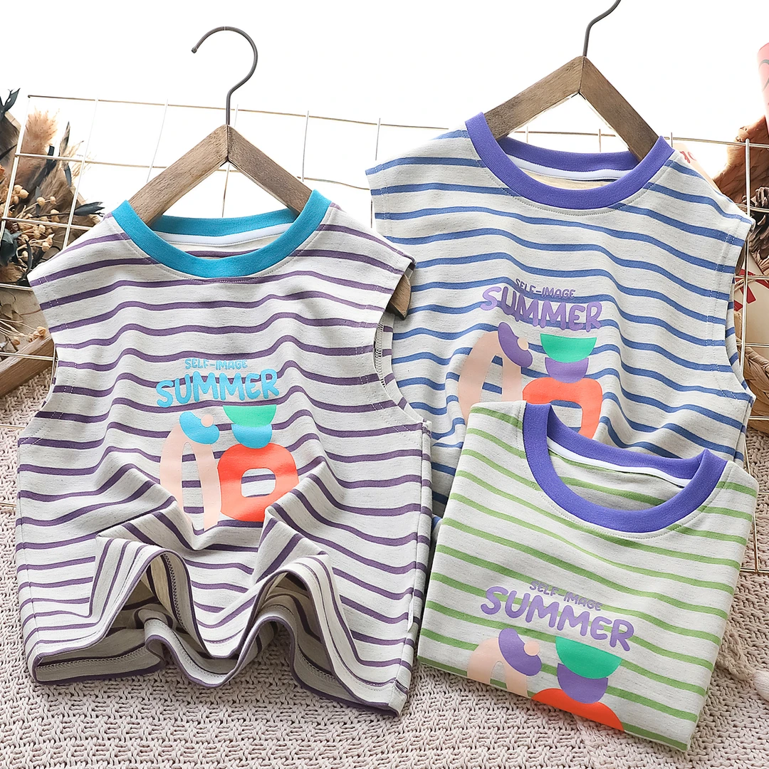 纯棉儿童背心夏季薄款男童女童宝宝小孩婴儿夏天无袖休闲条纹t恤