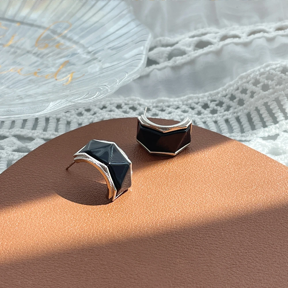 铜合金合成锆石耳饰 几何立体C圈耳钉轻奢时尚气质百搭耳环-H027