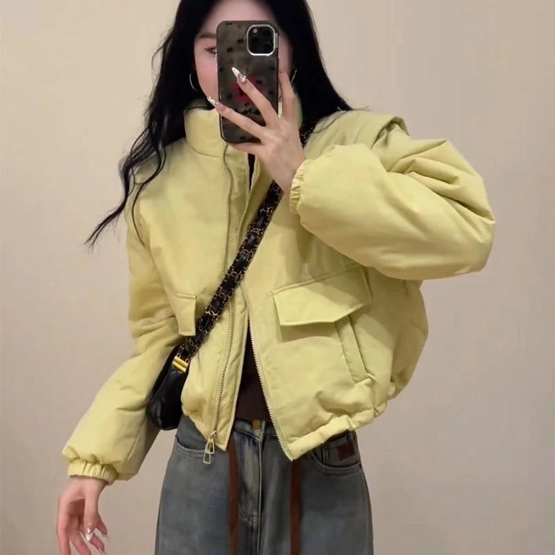 韩系立领加厚糖果色棉衣女2024秋冬新款短款时尚口袋抽绳棉服外套