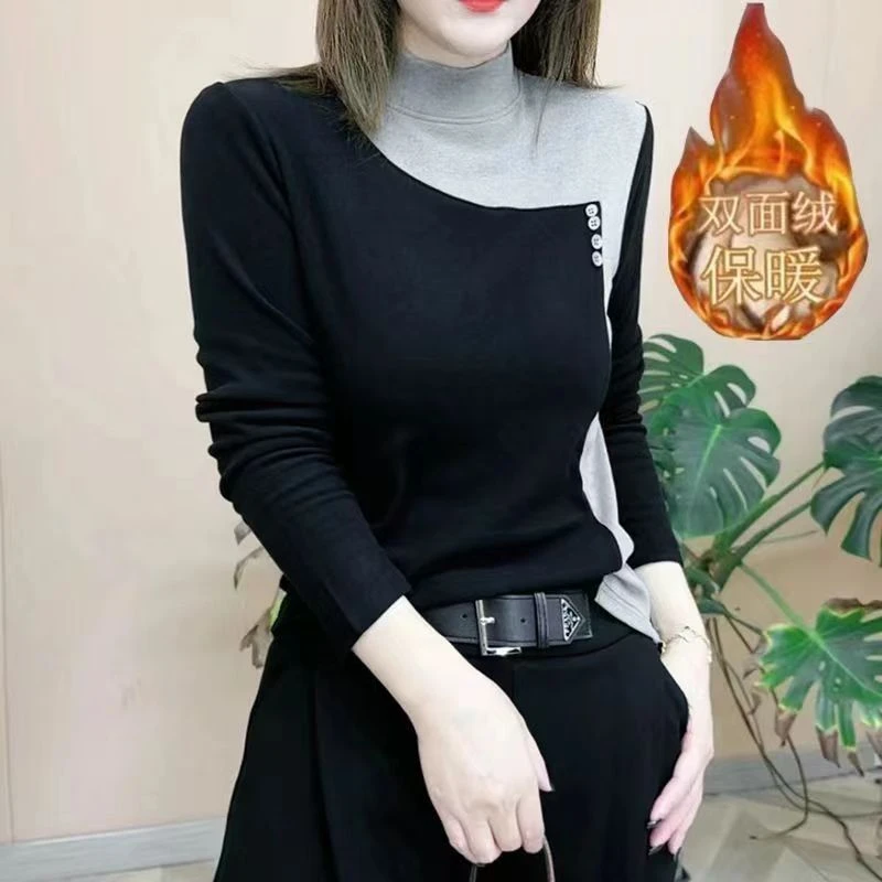 2023秋冬新品时尚打底衫百搭显瘦长袖T恤洋气圆领拼色女士上衣女