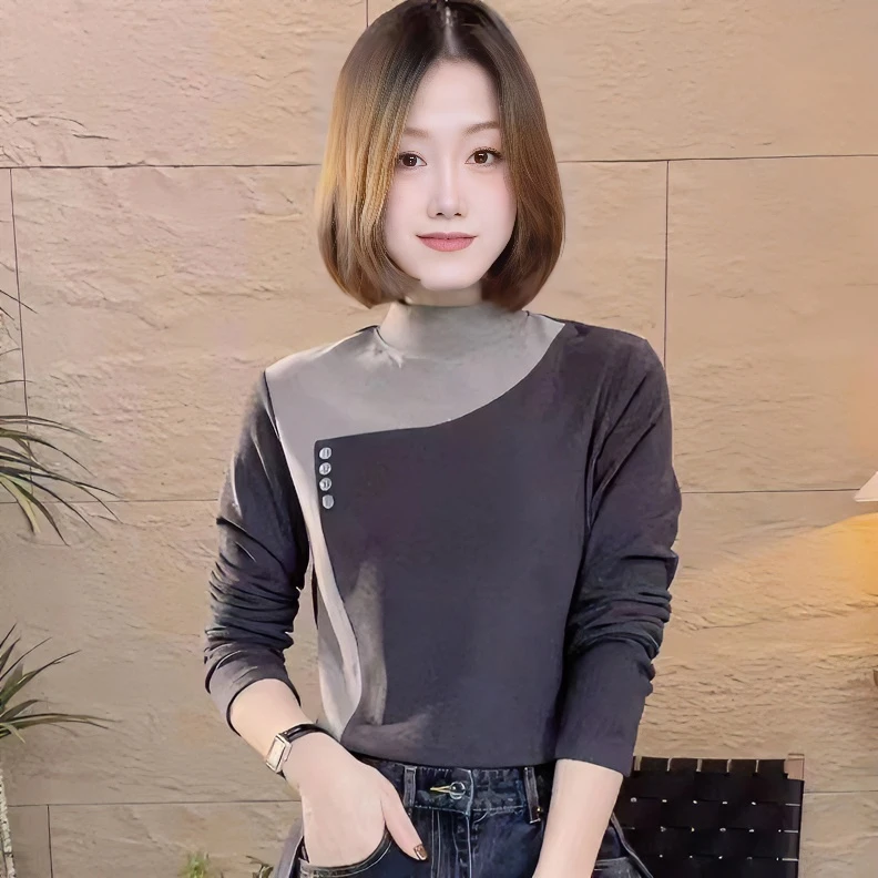 2023秋冬新品时尚打底衫百搭显瘦长袖T恤圆领拼色女士上衣女内搭