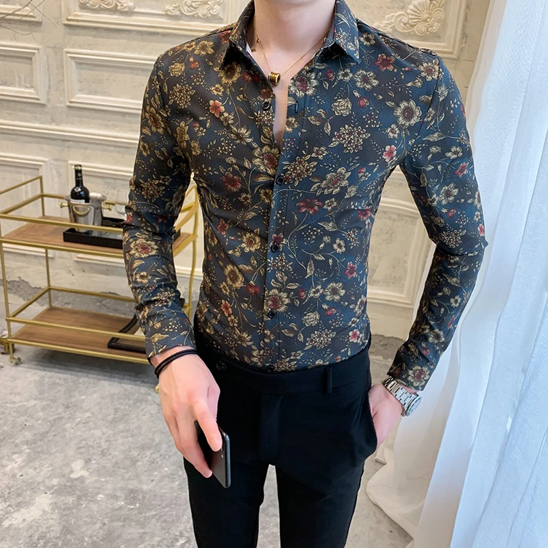 复古花衬衫长袖男款爆款2023新款秋季修身碎花男士高端痞帅衬衣潮