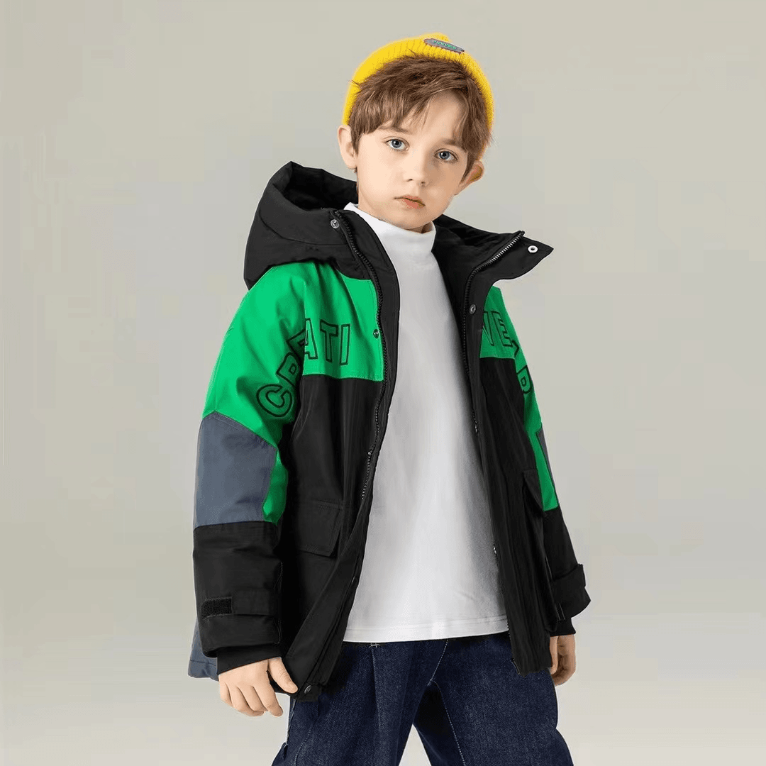 吉米妈白鸭绒新款休闲中大童拼色连帽加厚羽绒服外套DY22192