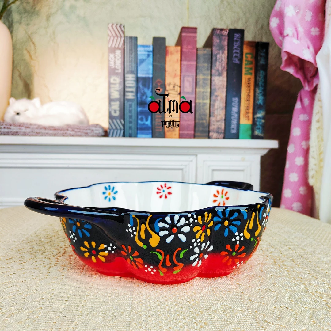 新疆包邮【蓝贵夫人红色】家用手绘釉下彩欧式汤盘双耳9寸双耳汤锅