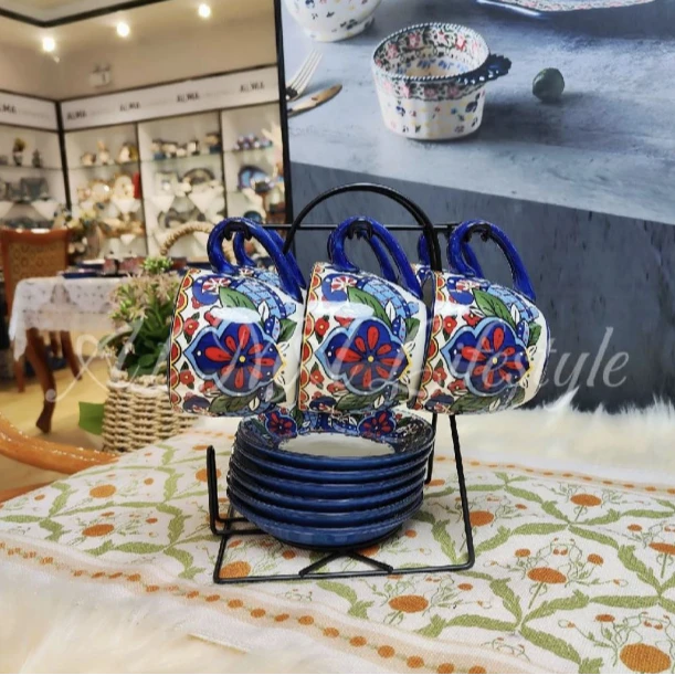 阿勒玛新疆包邮【紫色花海6杯6碟】水具套装加厚防烫耐磨