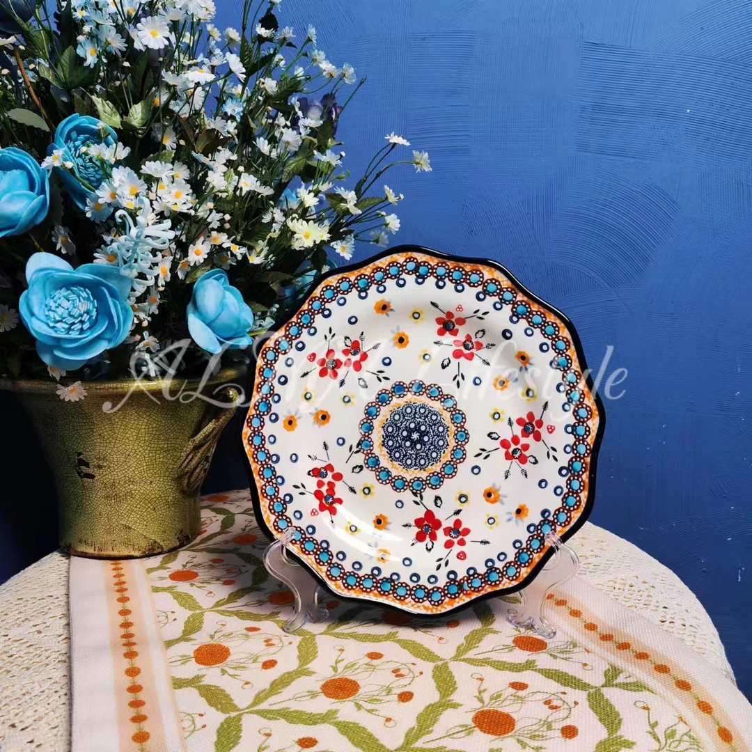 阿勒玛 新疆包邮【田园风情】手绘9寸荷口盘家用加厚简约陶瓷餐具盘