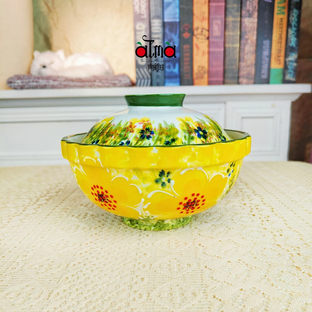 马姐专属 阿勒玛【绿樱花】家用6寸手绘陶瓷加厚带盖碗