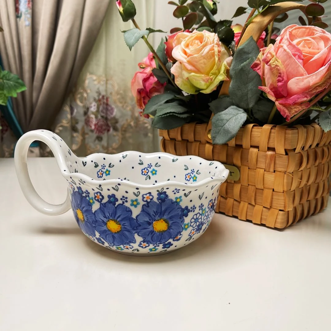 佰食果甄选【勿忘我】家用手绘釉下彩欧式9寸曲把碗