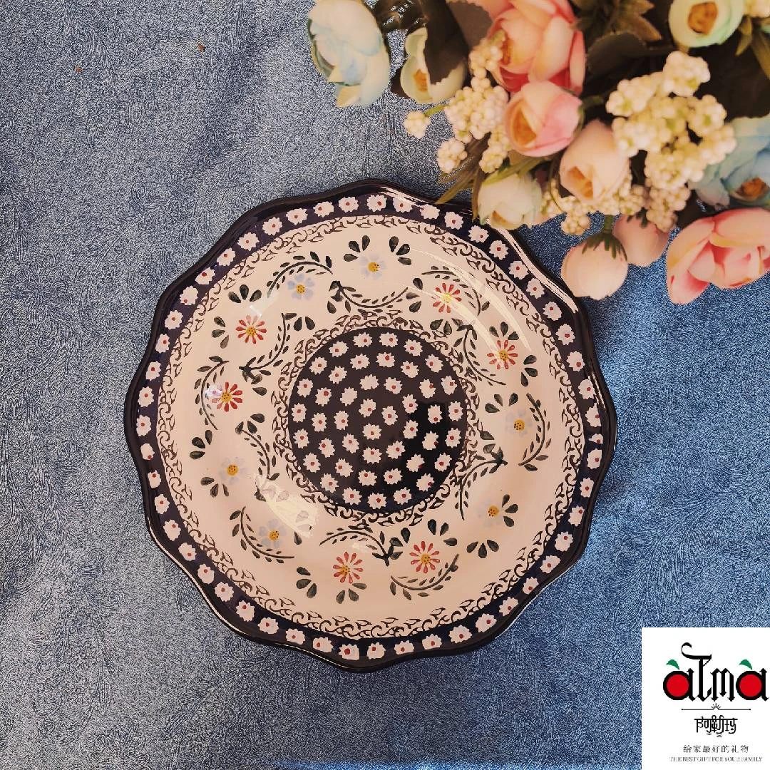 阿勒玛 新疆包邮【墨玉兰锦】手绘12寸荷口家用加厚防烫轻奢餐盘
