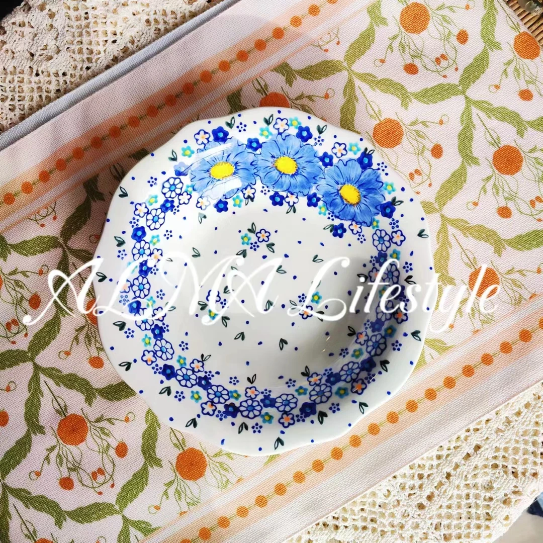 新疆包邮【勿忘我】家用手绘釉下彩欧式陶瓷8.5寸拌面盘3个