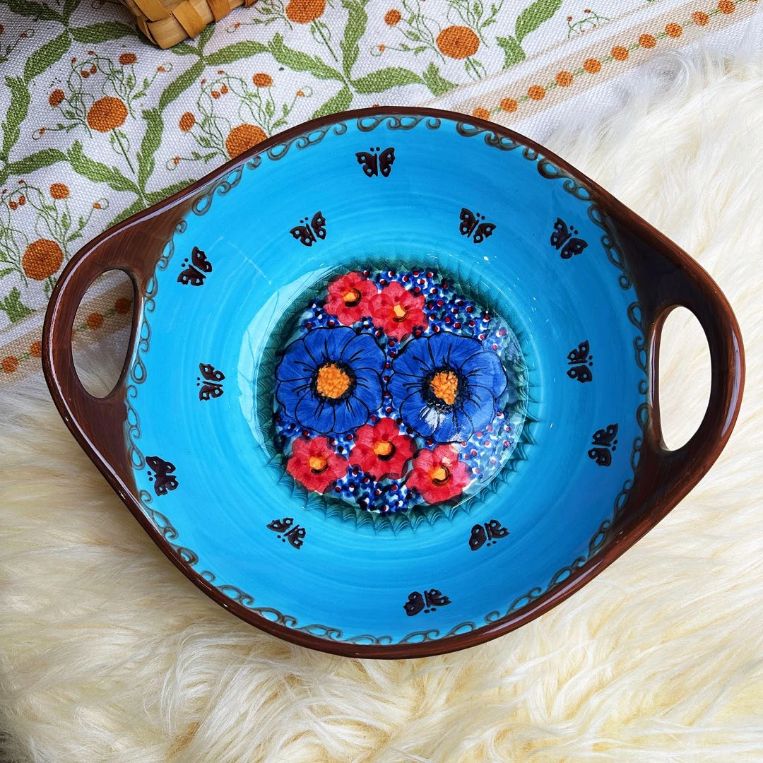 新疆包邮【琉璃蓝】家用手绘釉下彩9.5寸双耳提柄沙拉碗