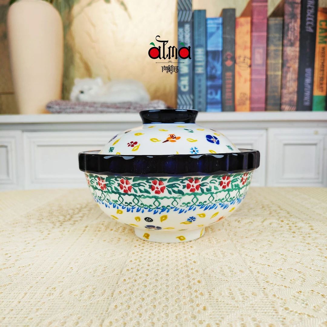 马姐专属 阿勒玛【多彩】家用6寸手绘陶瓷加厚带盖碗