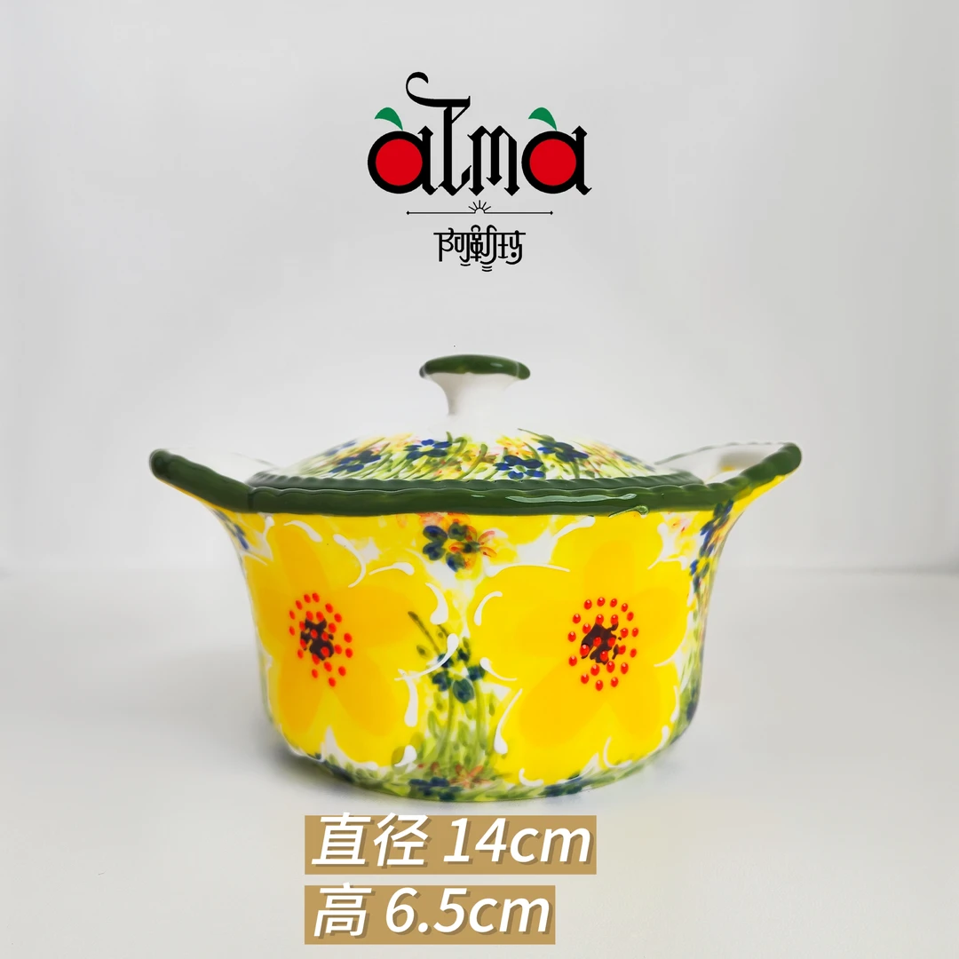 新疆包邮【绿樱花】家用手绘釉下彩欧式6.5寸双耳带盖炖盅