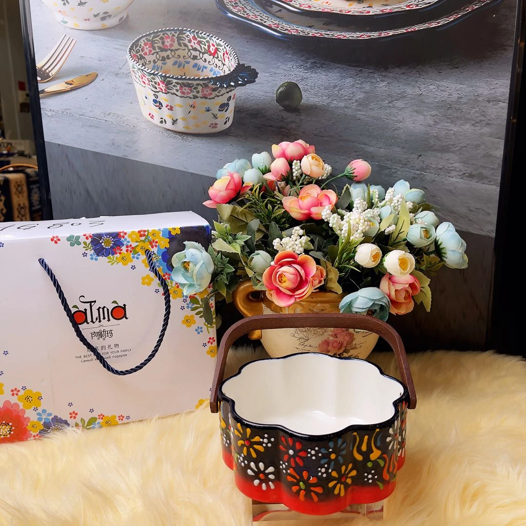 阿勒玛 新疆包邮【蓝贵（红色）果篮】手绘轻奢复古6寸带手提陶瓷果篮