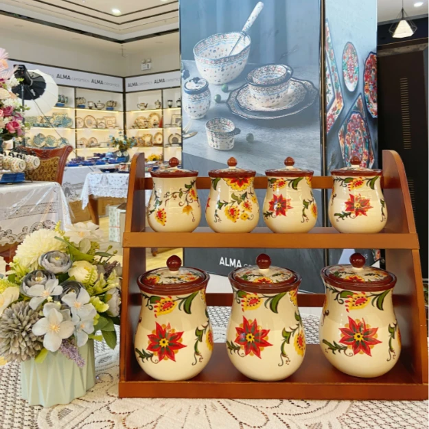 阿勒玛新疆包邮【秋日花语】7件套带架调料罐陶瓷罐储存罐