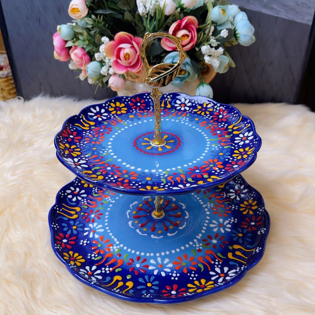 【古再丽专属】阿勒玛【蓝贵夫人】手绘双层串盘家用加厚防烫盘子