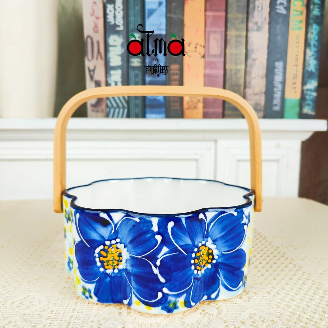 马姐专属 阿勒玛【琉璃蓝果篮】手绘轻奢复古6寸带手提陶瓷果篮