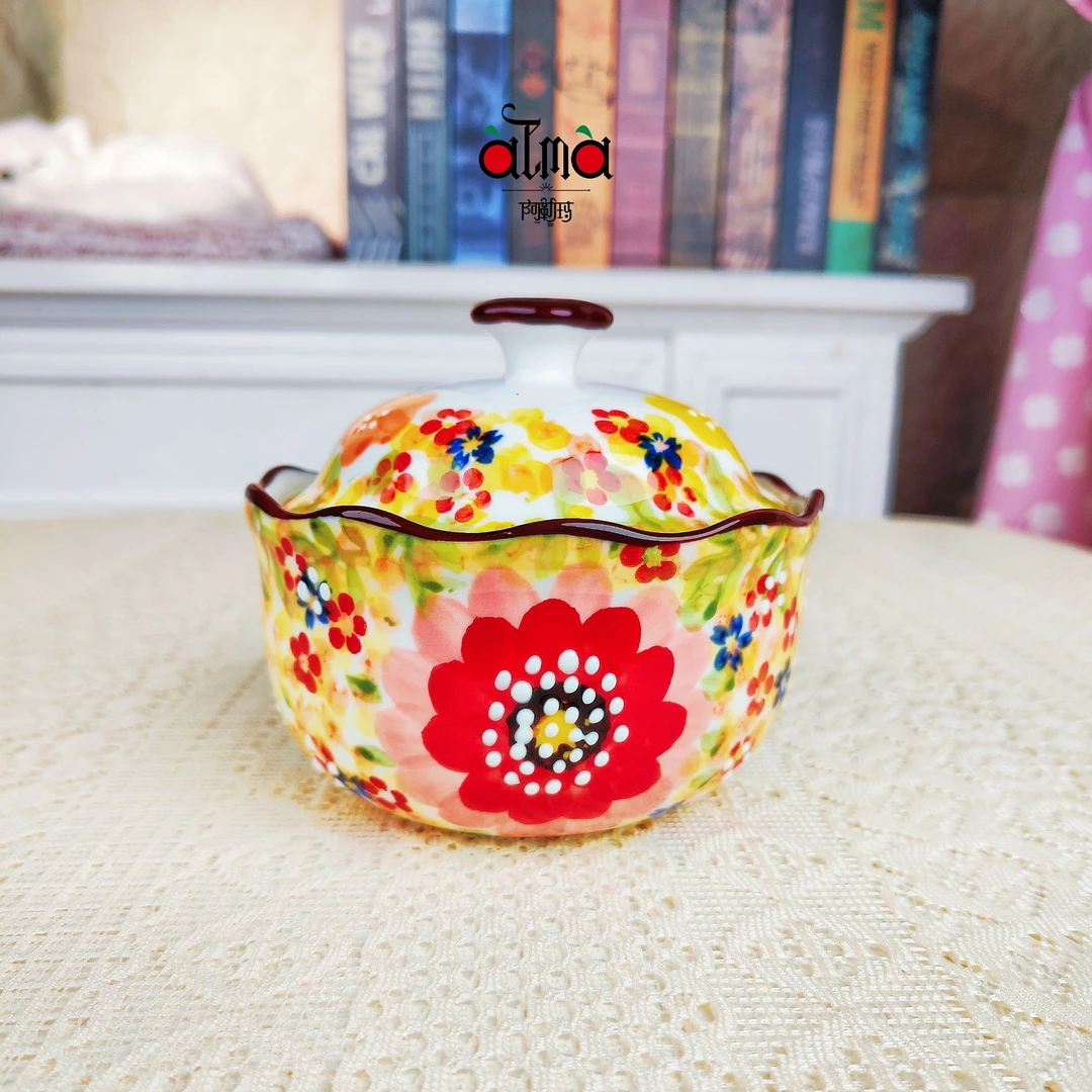 阿勒玛新疆包邮【莫奈花园】家用手绘釉下彩欧式4.5寸带盖炖盅