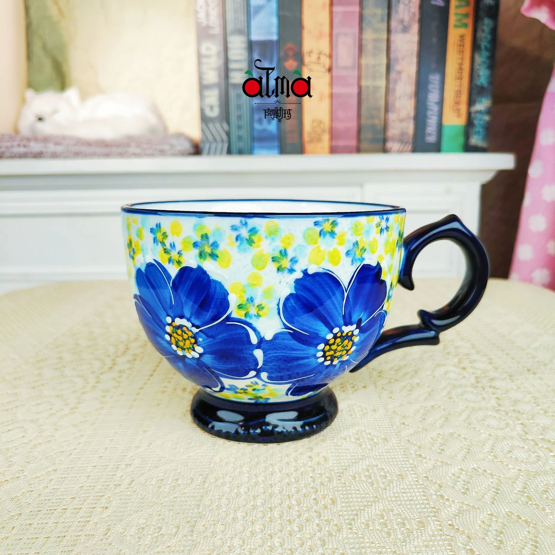 阿勒玛新疆包邮【琉璃蓝】手绘盘防烫耐磨加厚680ML早餐杯家用