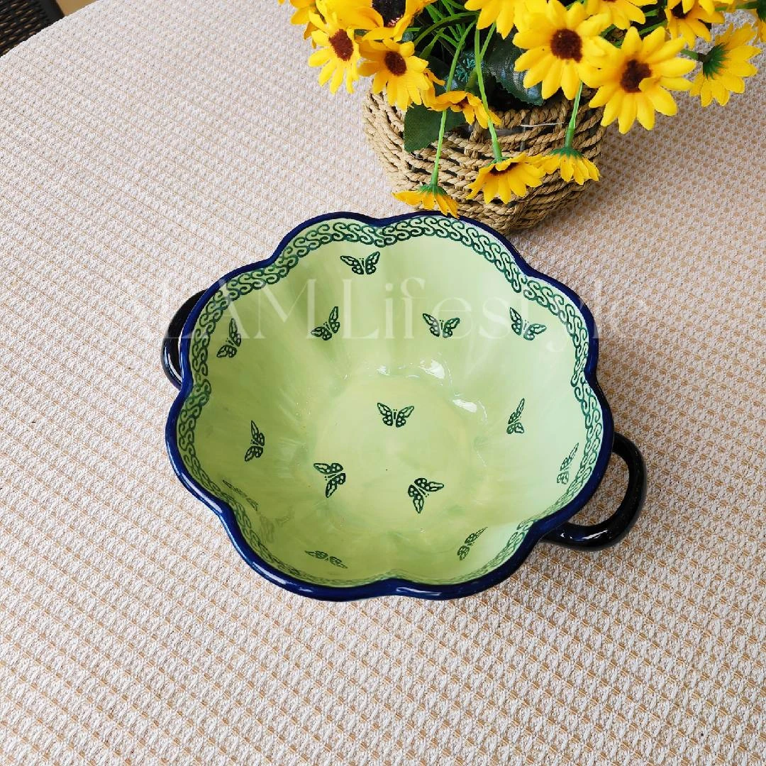 新疆包邮【莫妮卡】家用手绘釉下彩欧双耳波边10.5寸圆汤锅