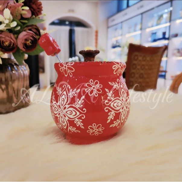 阿勒玛 新疆包邮{红色调料罐}手绘调料罐储物密封罐580ml+送勺子