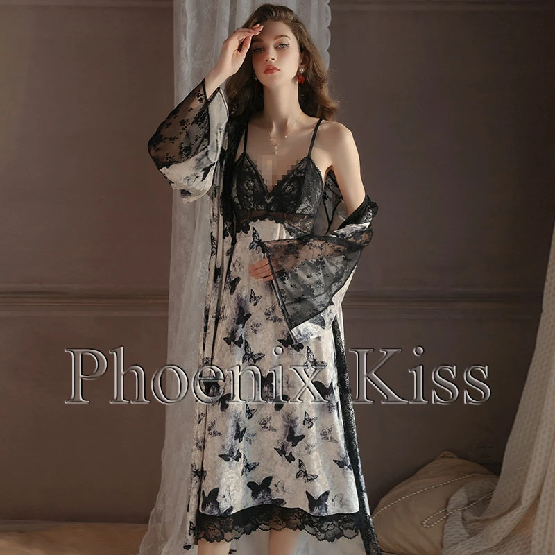 甜美蝴蝶印花纯欲睡衣性感加胸垫吊带睡裙外袍诱惑丝绒家居服套装