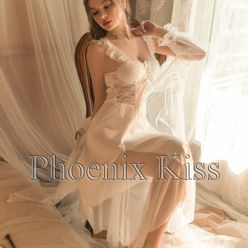 性感蕾丝露背吊带裙 加胸垫聚拢睡裙 外袍家居服套装