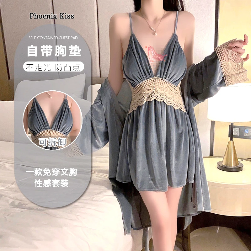 纯欲系带撞色蕾丝加胸垫睡衣性感深V吊带睡裙家居服套装