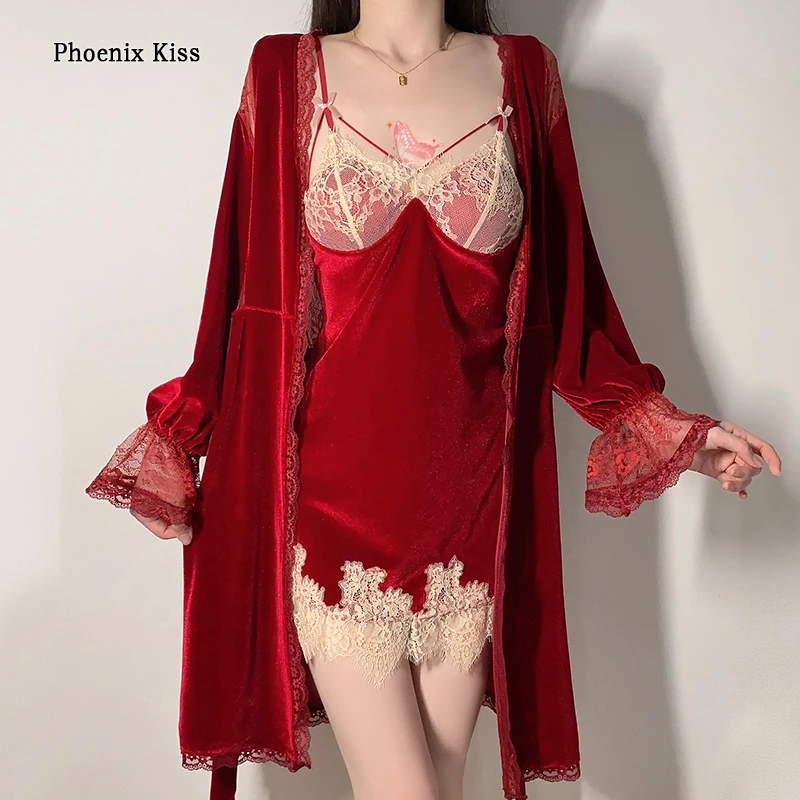 性感丝绒拼接法式蕾丝睡衣加胸垫吊带睡裙两件套家居服套装内衣