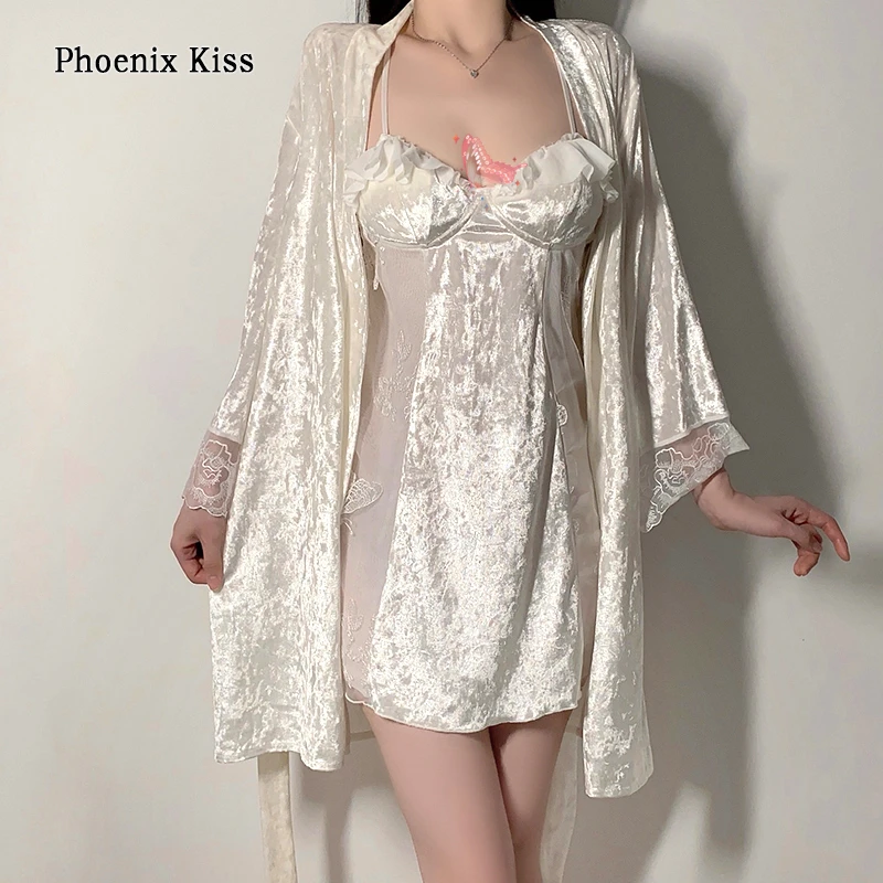 性感丝绒蝴蝶露背睡衣胸垫吊带睡裙大码外袍家居服套装