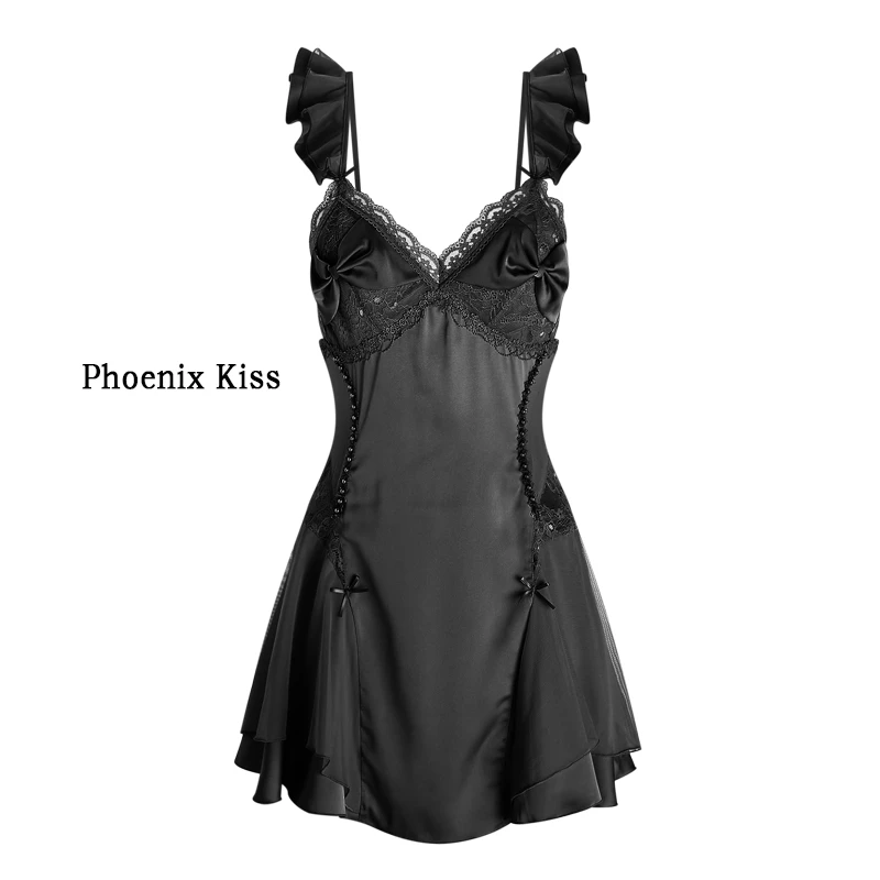 性感缎面蕾丝拼纱加胸垫睡衣甜美飞袖吊带睡裙带家居服套装内衣