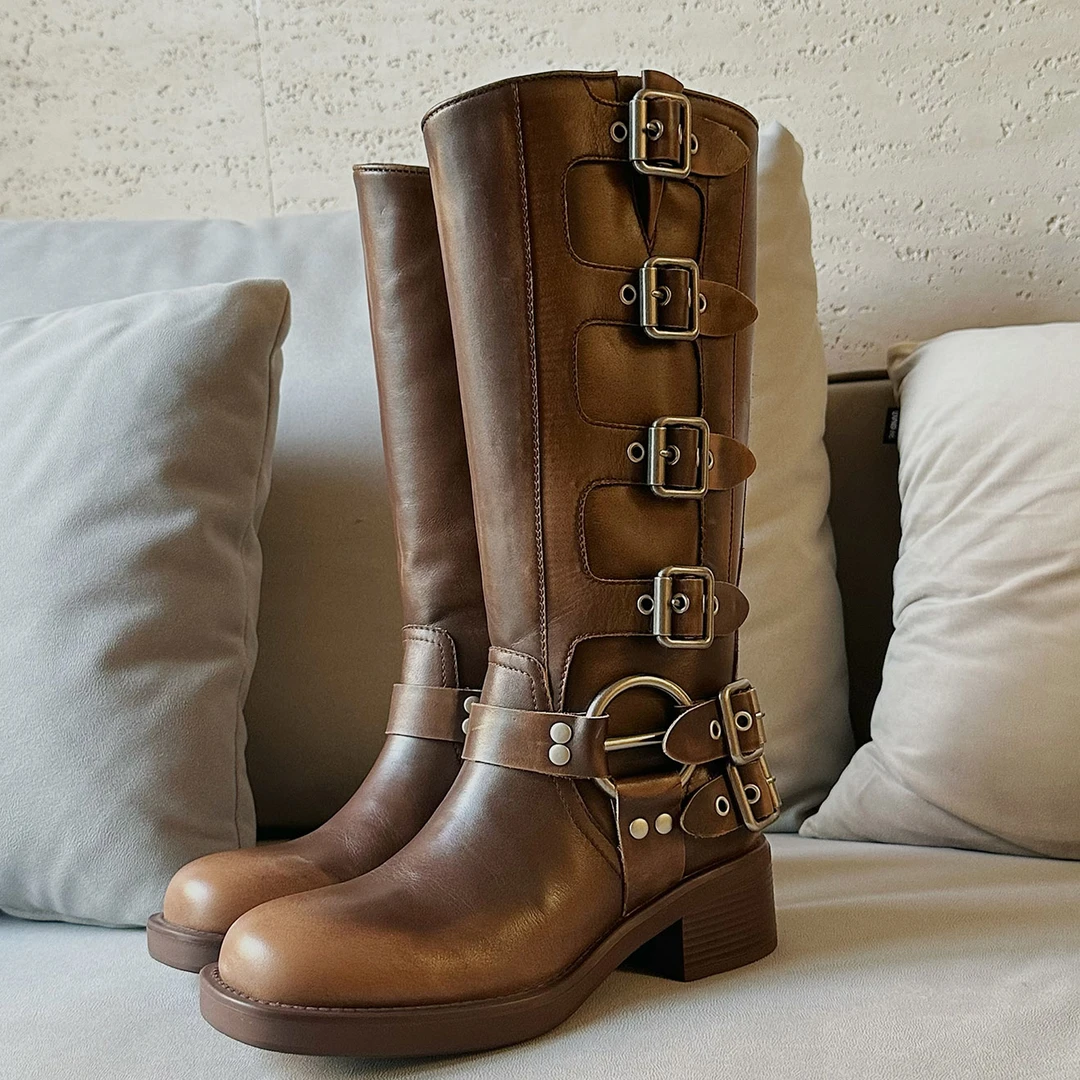 设计师秋冬新款圆头粗跟真皮复古中筒靴(22179)