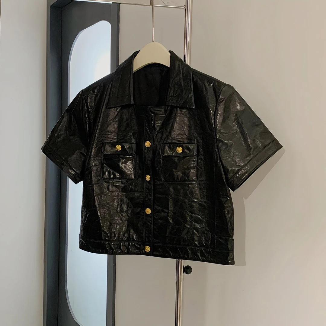 小众设计师高定新款黑色百搭翻领短袖皮衣(23101-A)