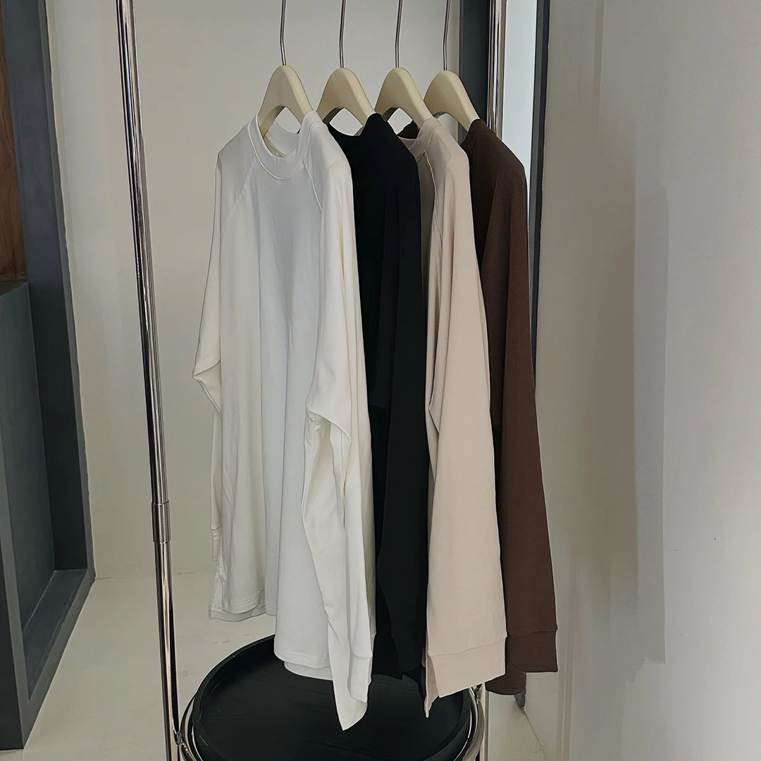 设计师定制宽松百搭新款长袖圆领套头简约开叉磨毛加绒T恤866416