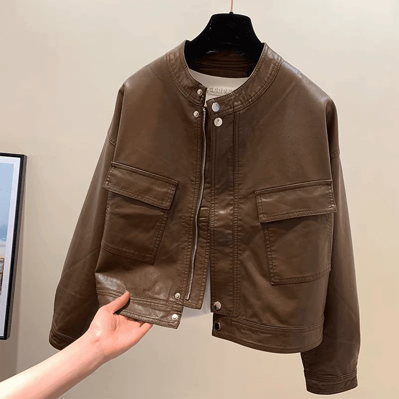 秋季新款设计感小众短款皮衣立领PU显瘦机车皮衣女款爆款2024新款