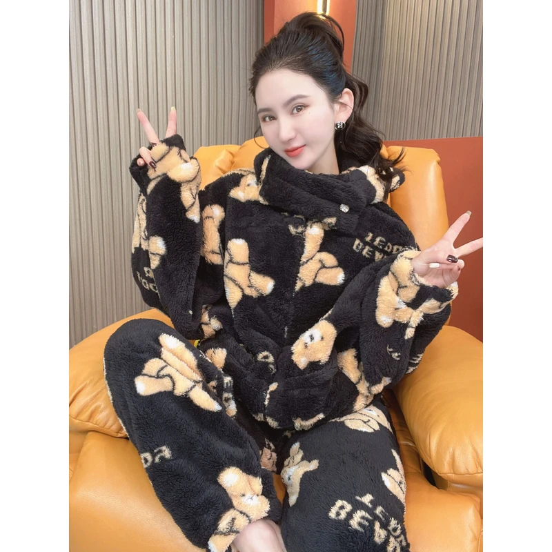 秋冬季新款连帽保暖女士加绒加厚家居服套装气质宽松睡衣可外穿