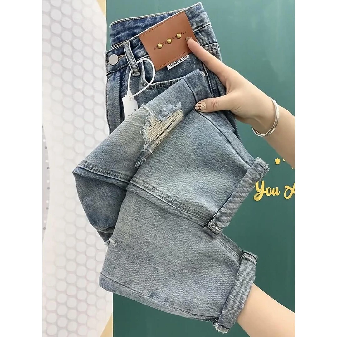 大码女梨形身材穿搭微胖mm牛仔裤子腿粗宽松显瘦假破洞哈伦老爹裤