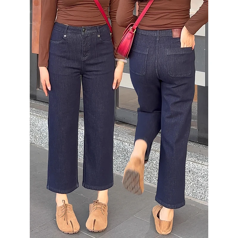 小个子九分牛仔裤女大码微胖mm高腰收腹显瘦直筒裤梨形身材烟管裤