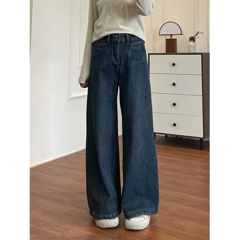 小个子宽松阔腿牛仔裤女冬季加绒大码胖mm腿粗遮肉显瘦直筒拖地裤