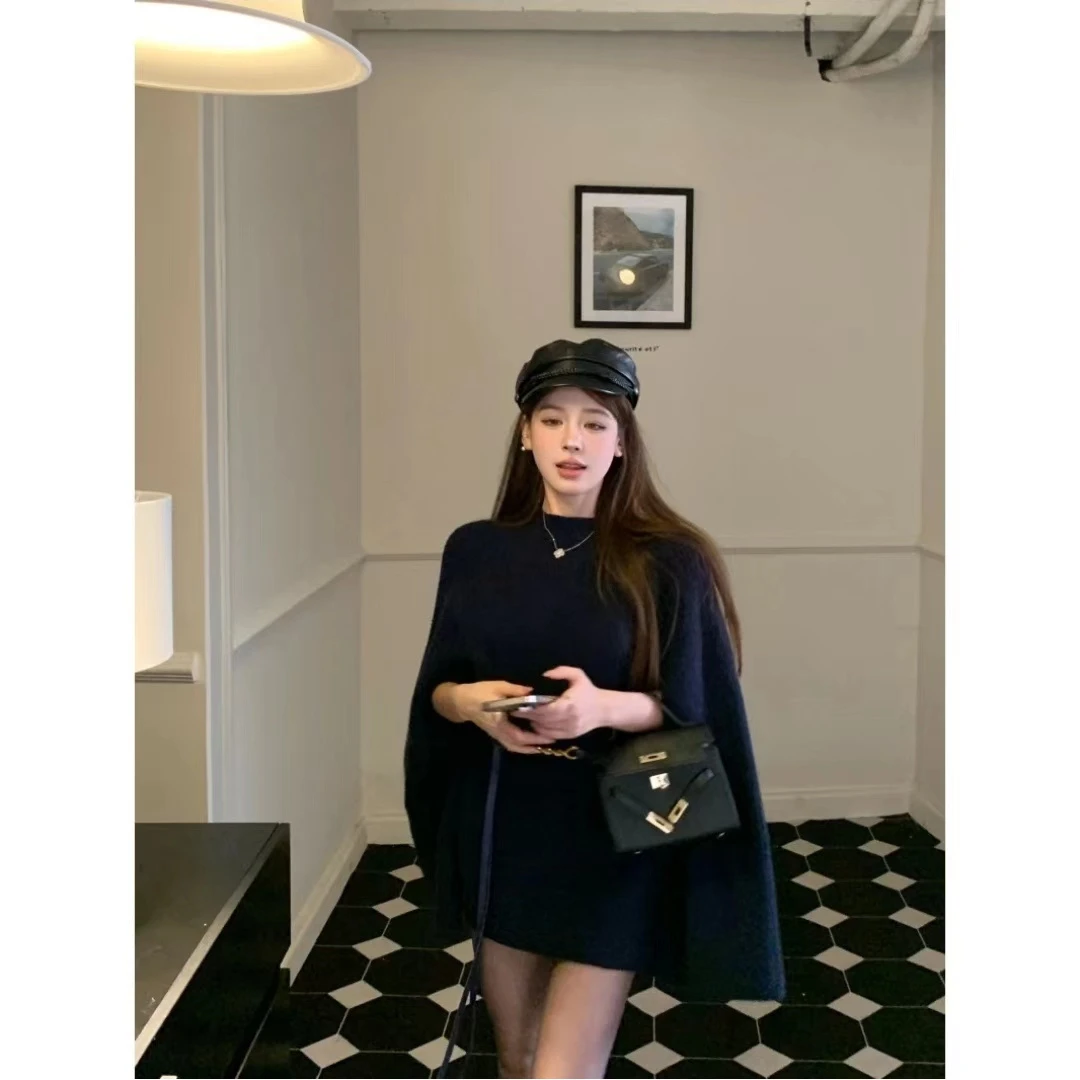 高级感半高领遮肉韩衣简约配袖套腰带针织毛衣斗篷