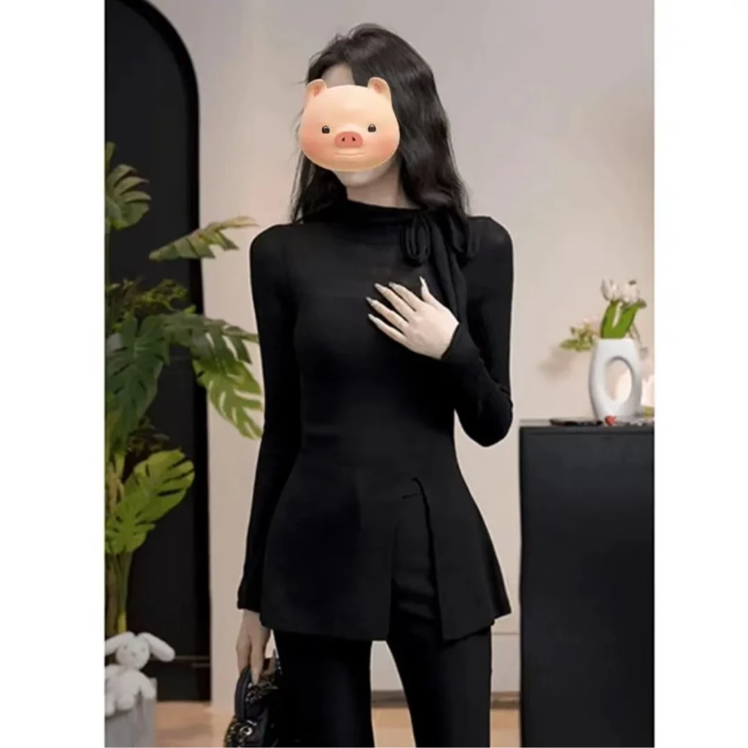 【蜜桃汽水】秋冬时尚穿搭系带蝴蝶结开叉针织毛衣上衣【运补6-8元】