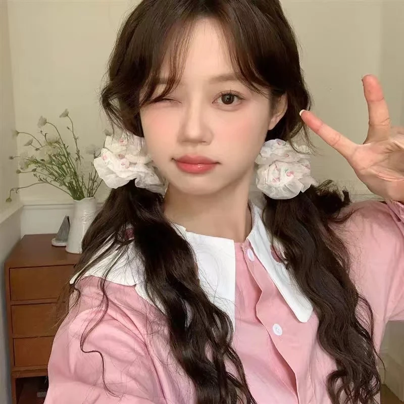 樱桃乳酪~清新网纱樱桃大肠发圈女森系仙美蝴蝶结发绳高级感头饰