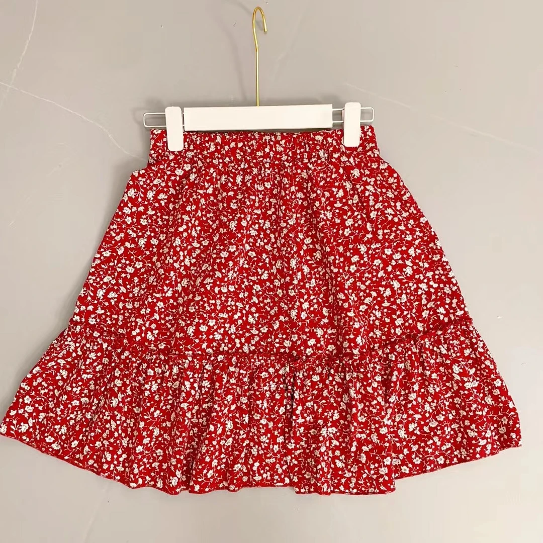 松紧高腰碎花短裙2024夏季新款木耳花边拼接A字半身裙