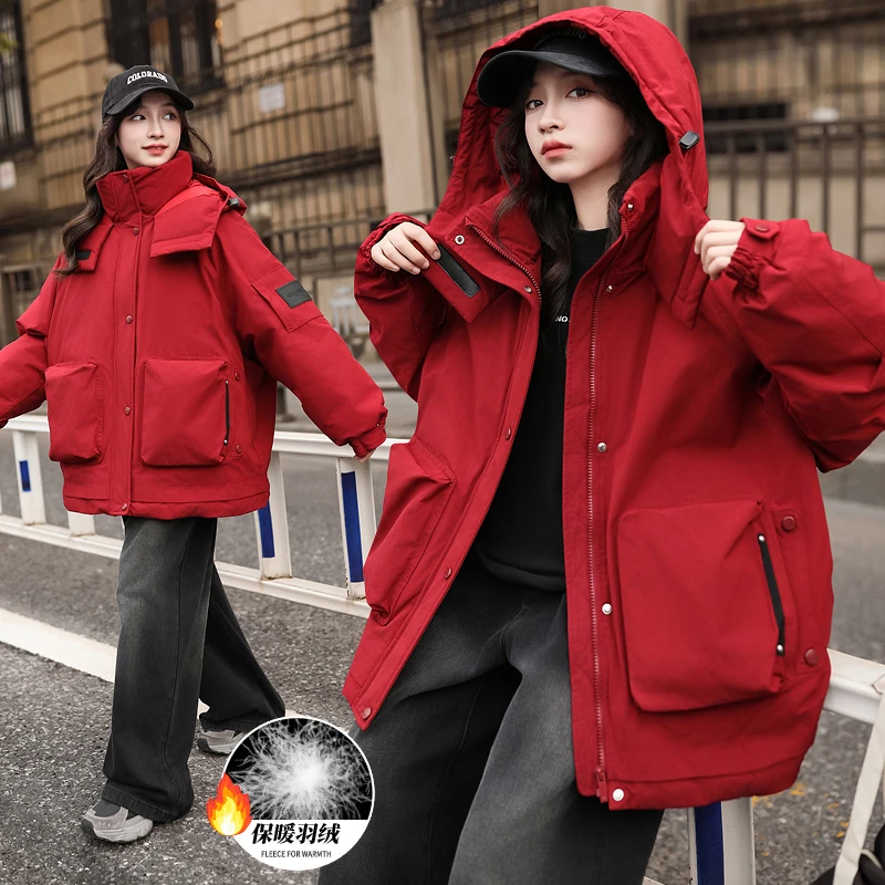 女童羽绒服冬季2024新款洋气女大童加厚白鸭绒工装外套红色新年服