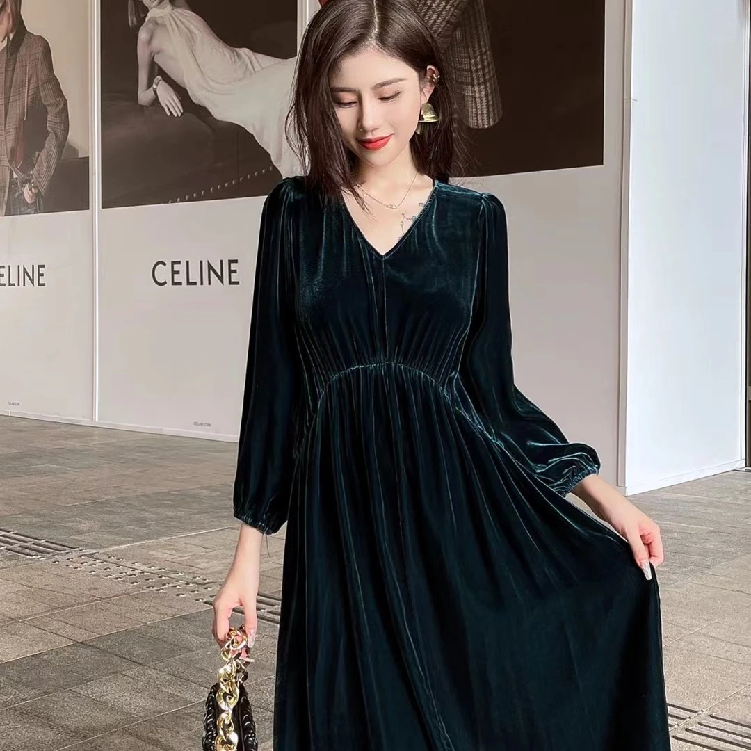 高贵典雅气质V领桑蚕丝丝绒长袖连衣裙显瘦高端真丝