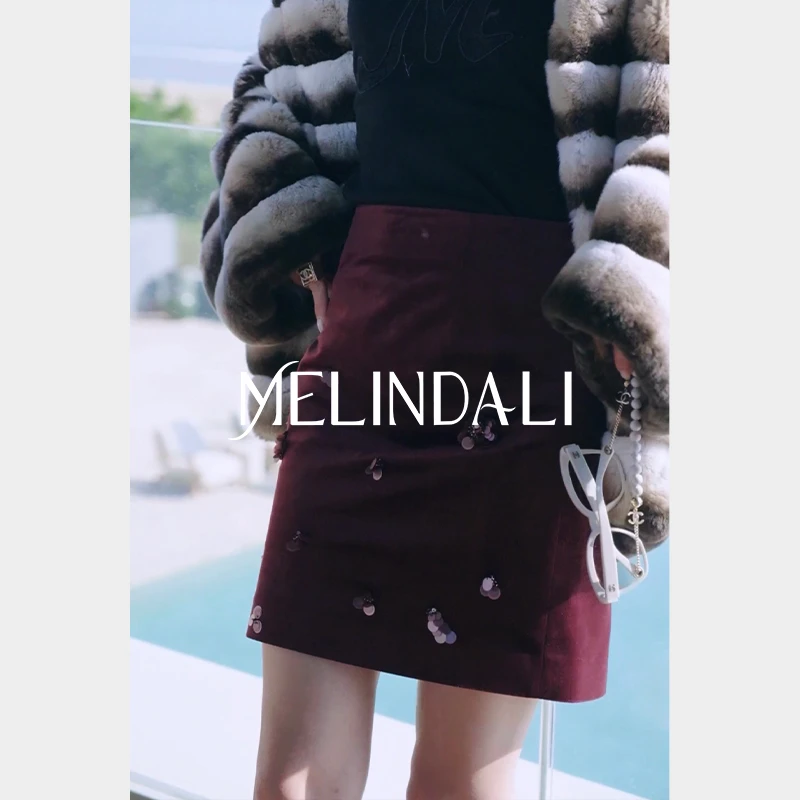 Melinda Li【浆果】梦颖私服泷定大阪灯芯绒手工钉珠片高腰短款半裙