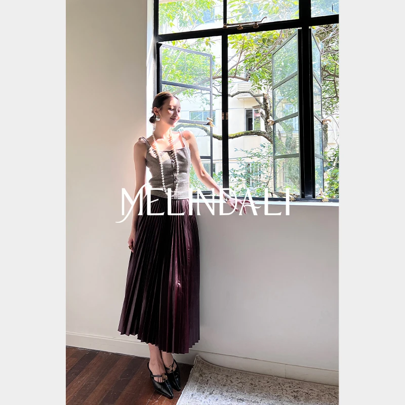 Melinda Li【红酒慢奏】安可拉红哑光PU风琴百褶高腰A字长款皮半裙
