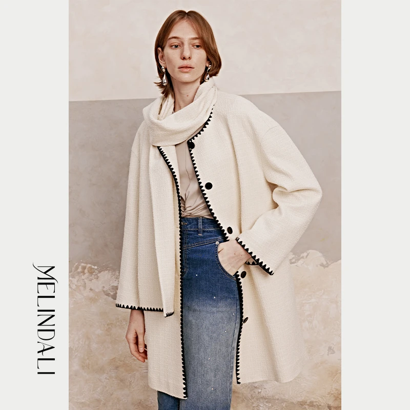 Melinda Li 梦颖【舒曼】重工精品毛圈纹肌理感中长外套围巾式大衣