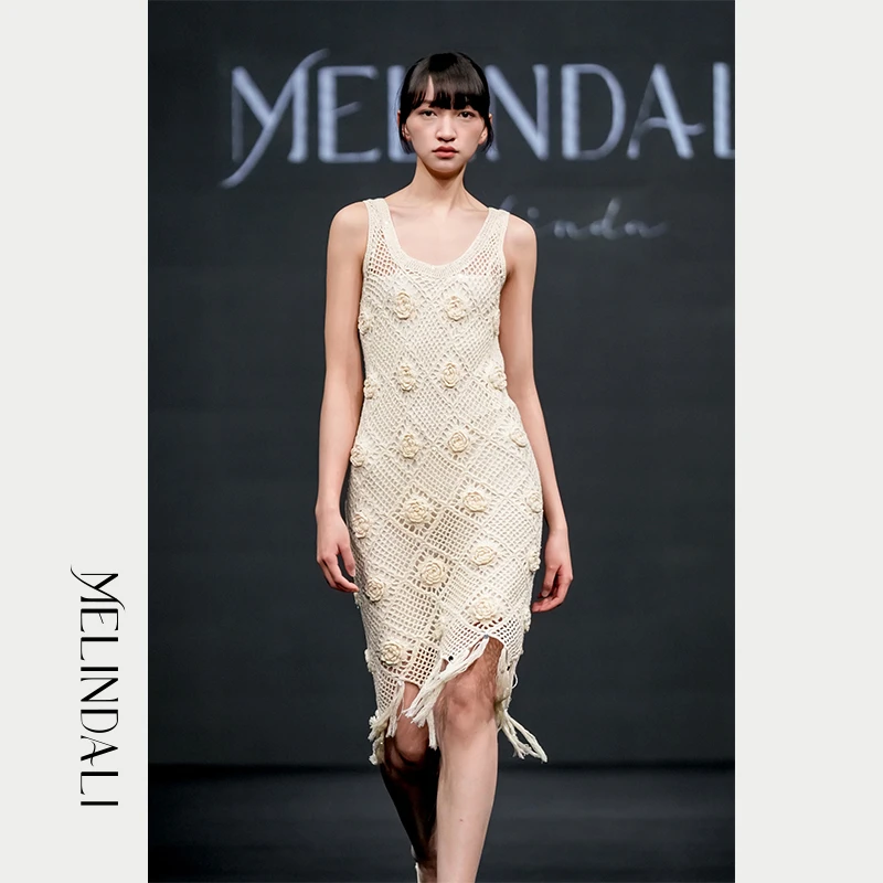 Melinda Li【烂漫】法式复古度假风镂空重工编织立体勾花修身连衣裙